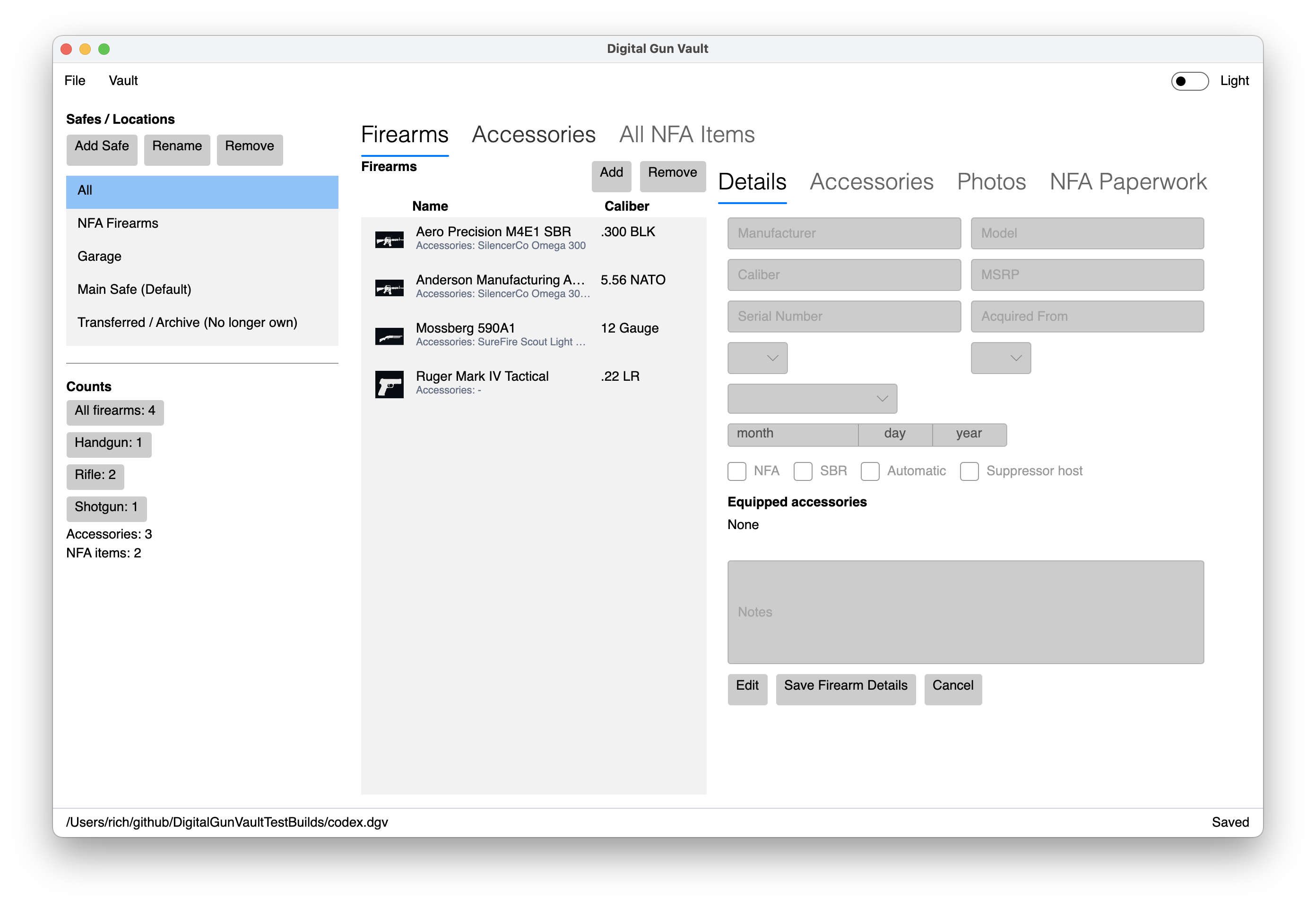 Sample Digital Gun Vault desktop firearm inventory screen